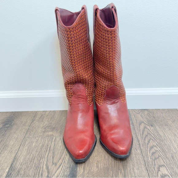 LL Bean Dingo Red/Brown Braided Leather Western Pull On Boots Size 8M - Picture 3 of 9